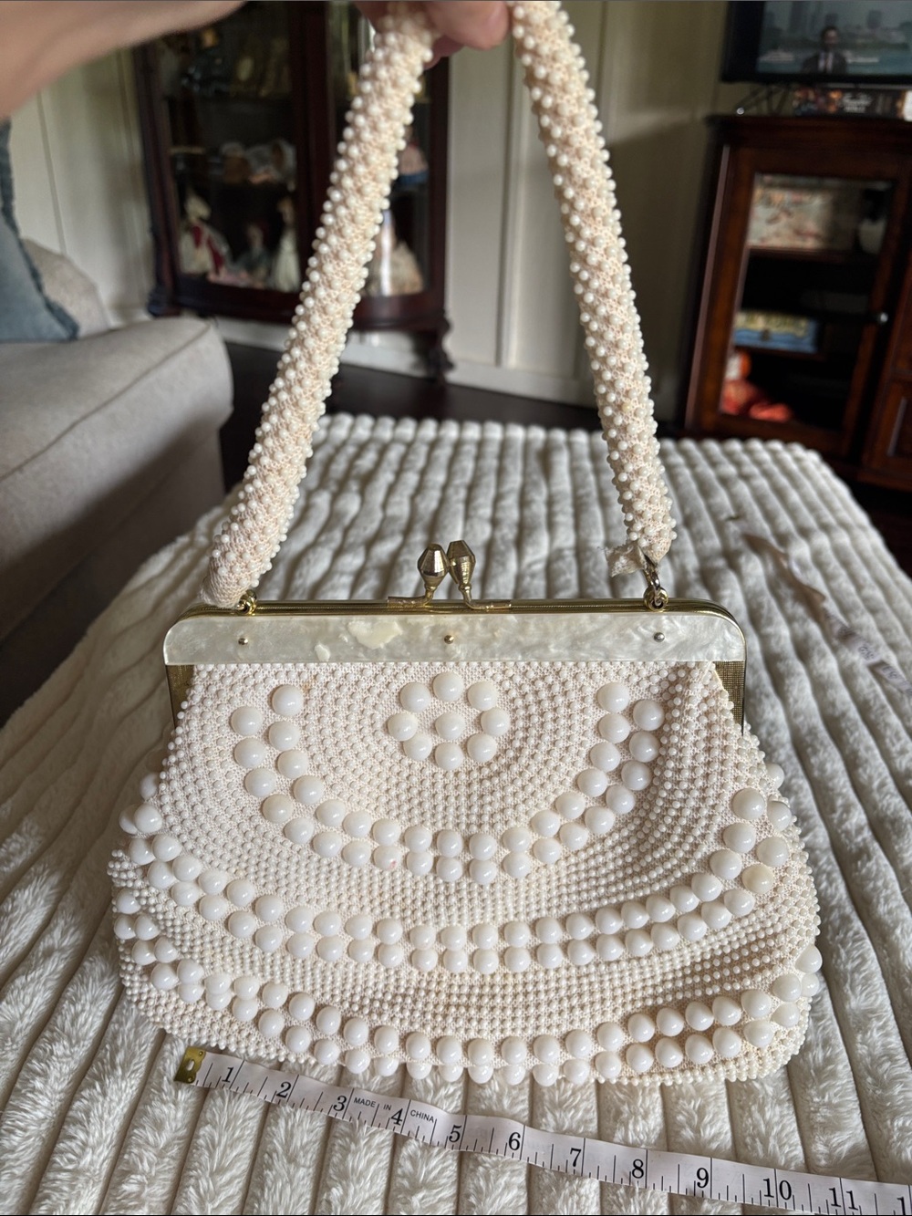 Retro 1950s Cream Beaded Handbag with Pearl-Style Handle